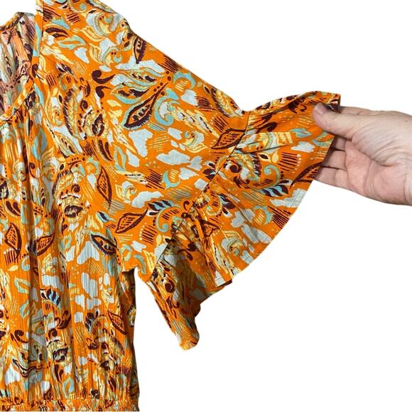 NWT Aerie Vibrant Orange Floral Mini Dress large 100% cotton boho flutter sleeve - Picture 2 of 10